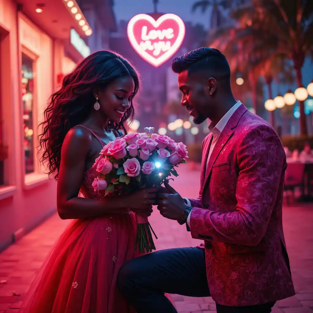 Romantic proposal with roses under neon pop art glow
