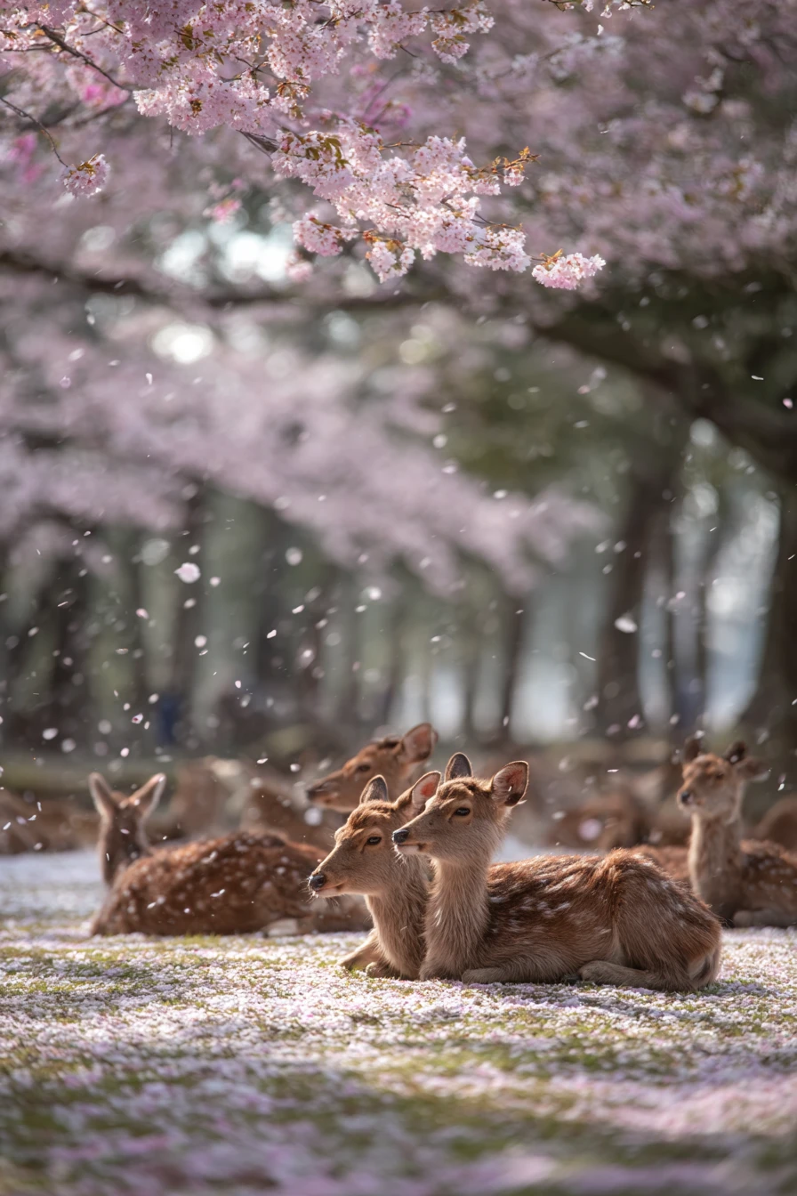 Cerfs sika se reposant sous les cerisiers en fleurs du parc de Nara