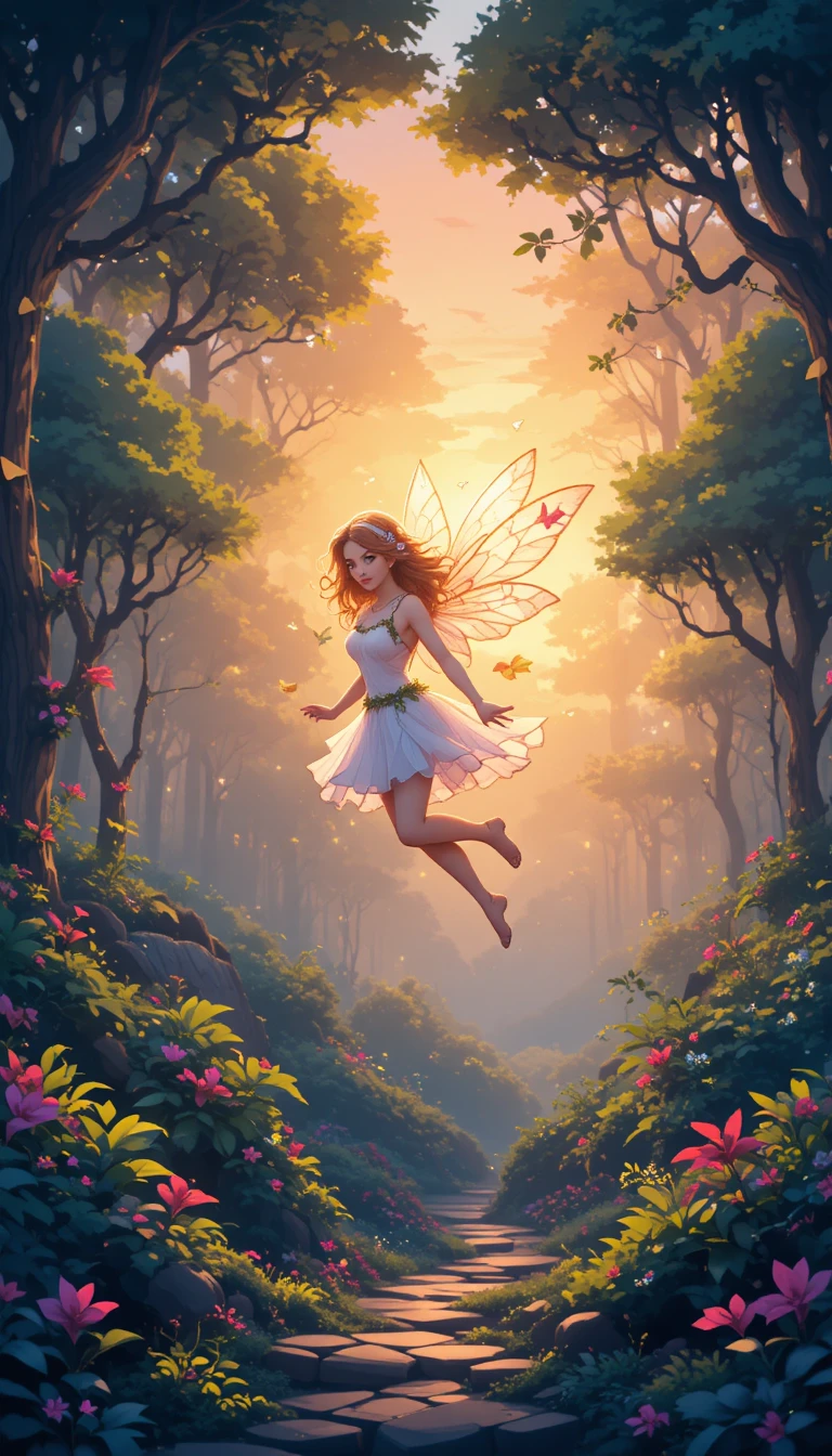 Pixel fairy hovering in a glowing enchanted forest