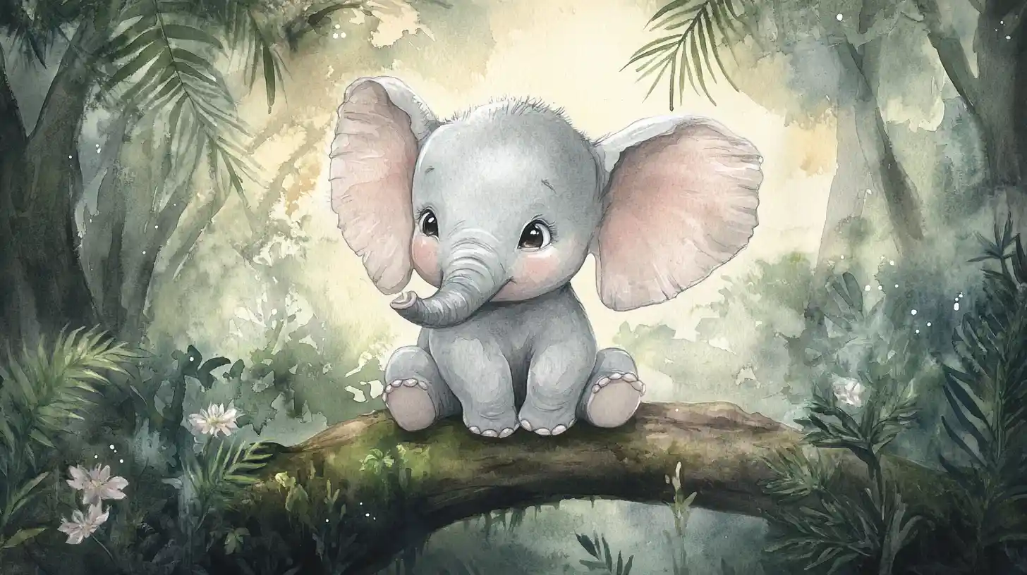 Bébé éléphant joufflu dans une jungle magique en aquarelle