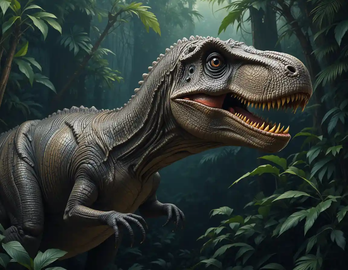 Retrato em close de um tiranossauro rex rugindo na selva