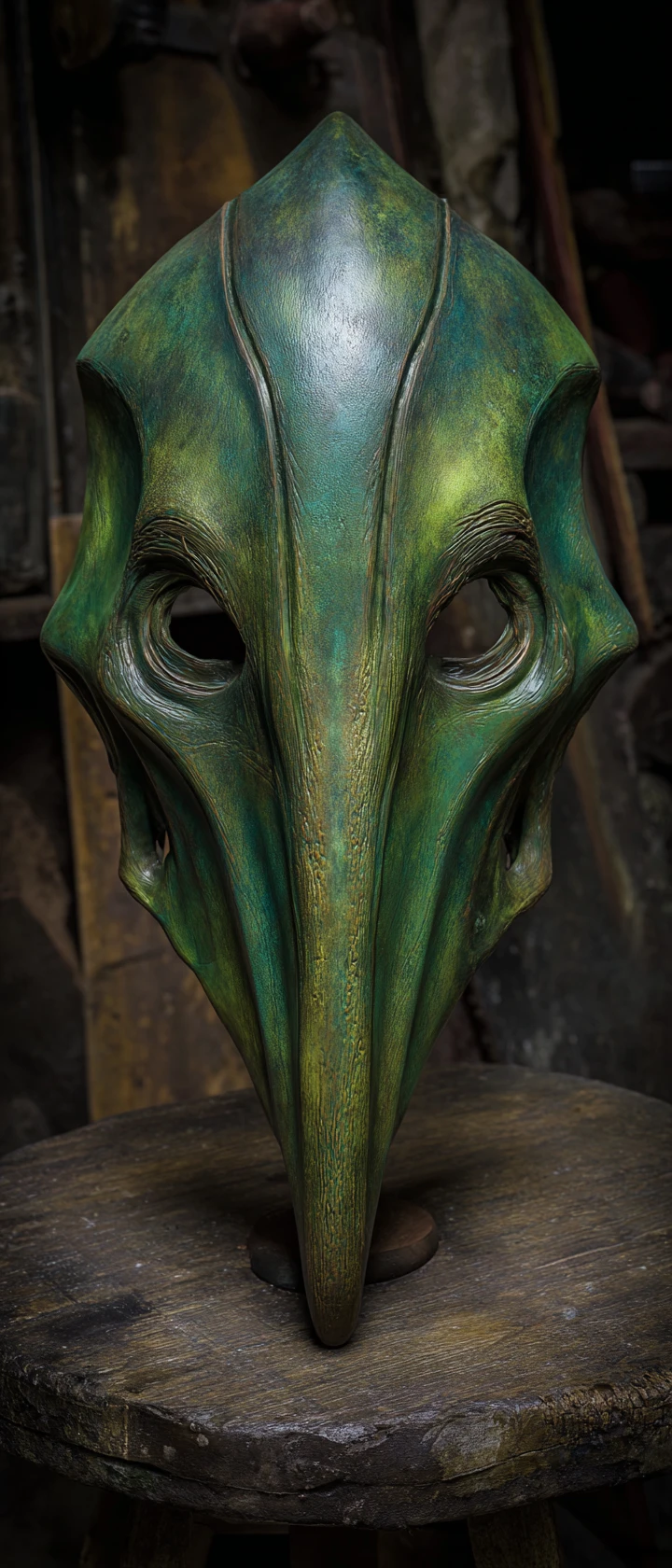 Green fantasy mask on rustic wooden workshop table