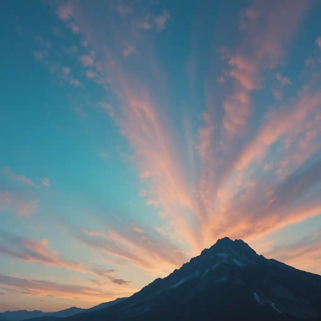 Céu colorido e nostálgico sobre uma tranquila paisagem montanhosa