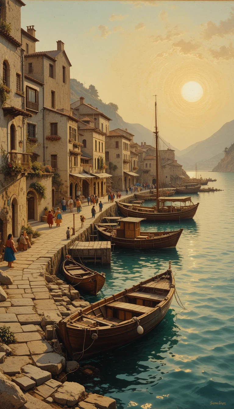 Pôr do sol dourado sobre uma antiga vila de pescadores mediterrânea