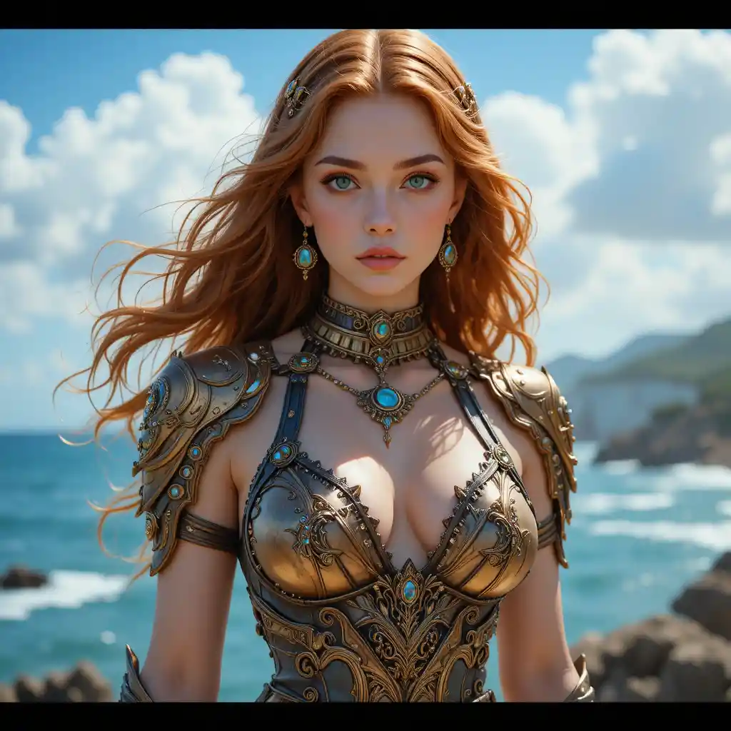 Donna fantasy in armatura al mare sotto un cielo azzurro