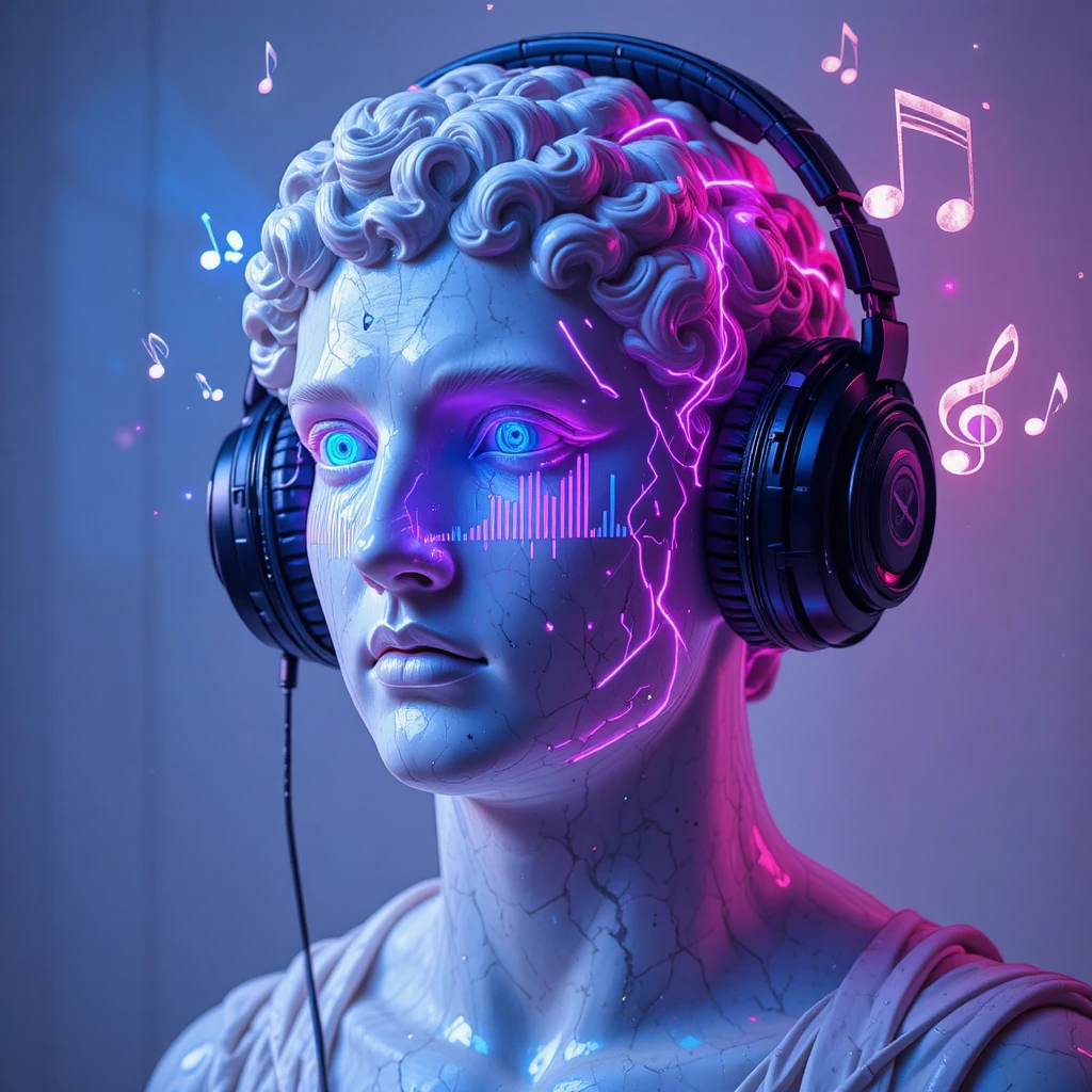 Marble bust with neon anime hologram and headphones