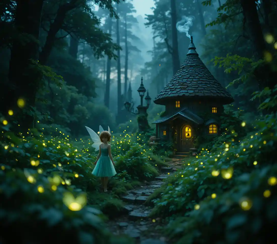 Mischievous fairy walking through a glowing twilight forest
