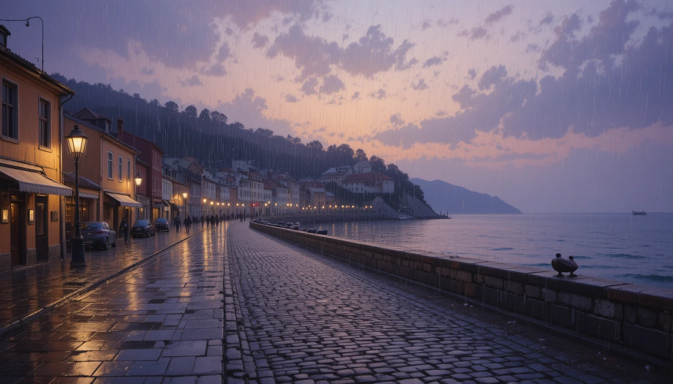Quiet coastal town street in soft dusk rain reflections