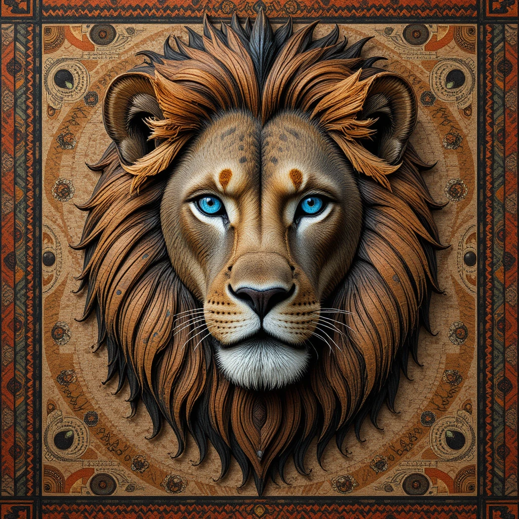 Blue eyed lion on tribal savannah tapestry design