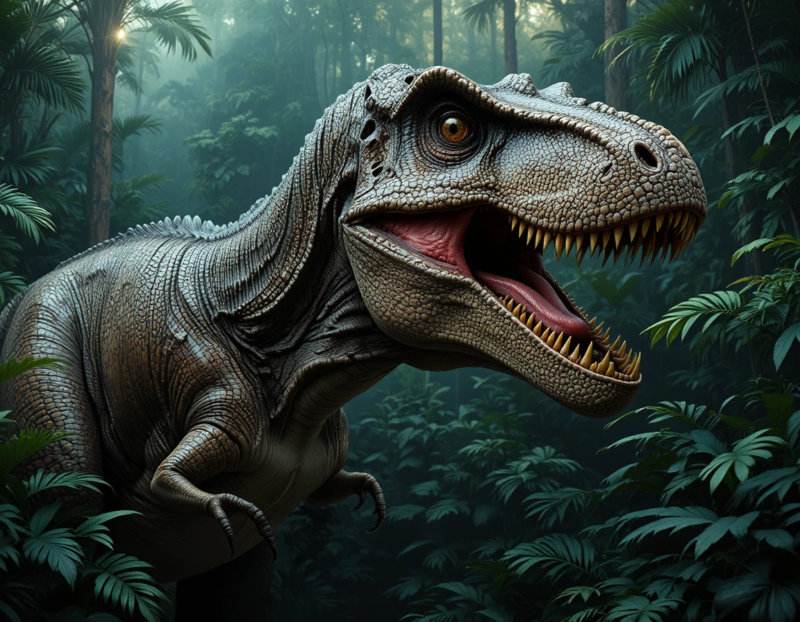 Nahaufnahme-Porträt eines brüllenden Tyrannosaurus Rex im Dschungel