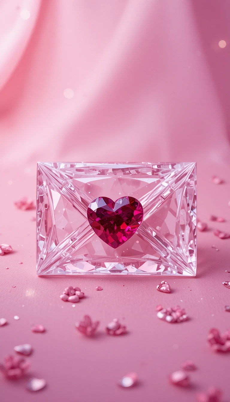 Sobre de cristal con corazón de rubí sobre fondo pastel suave