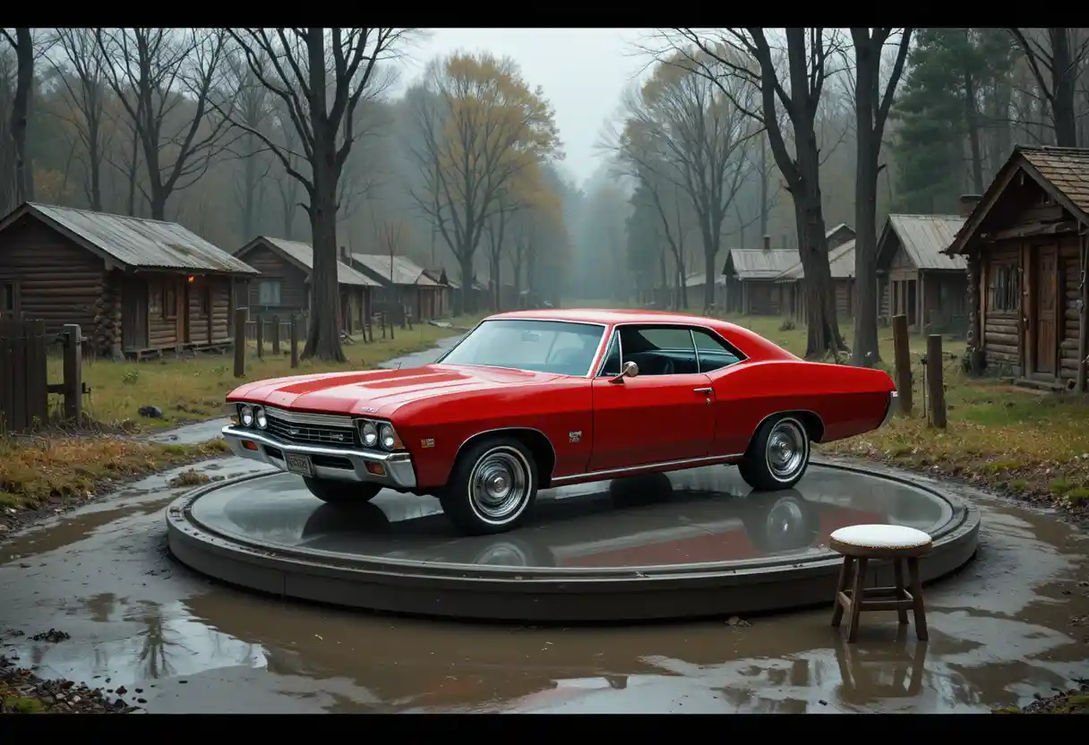Chevrolet Impala vermelho em plataforma de vidro em vila pantanosa