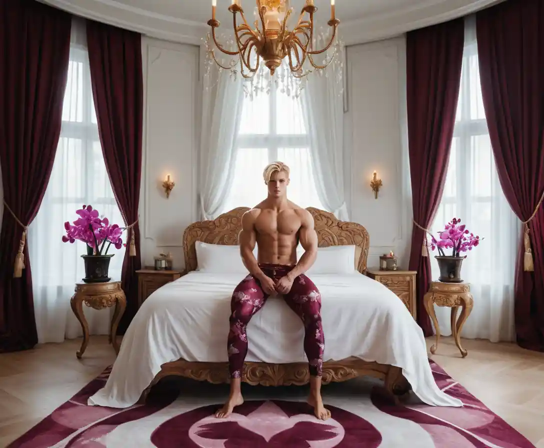 Jeune homme blond en leggings dans une chambre de luxe