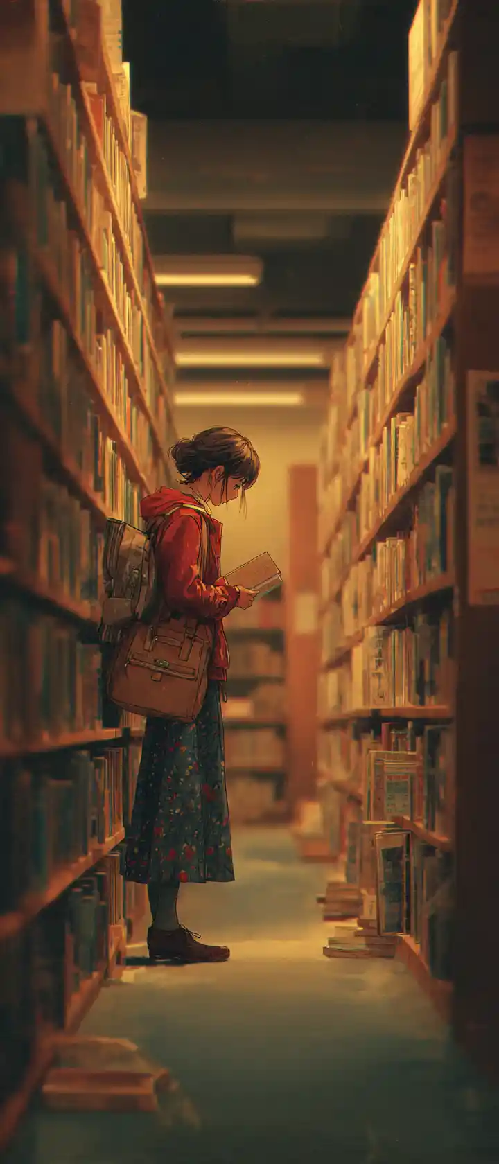 Frau, die sich in einer Bibliothek von einem Kinderbuch verabschiedet
