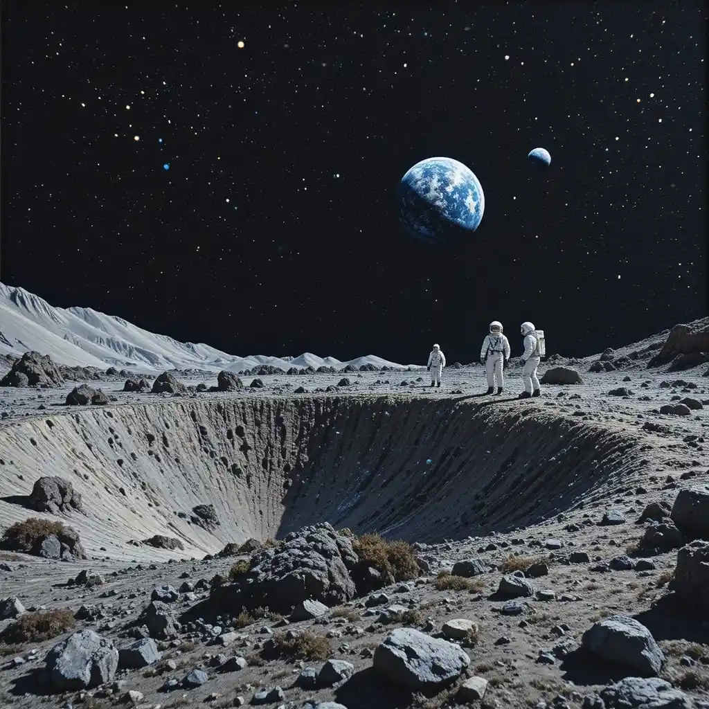 Astronauten auf einem gewebten Mondkrater unter fernem Erdlicht