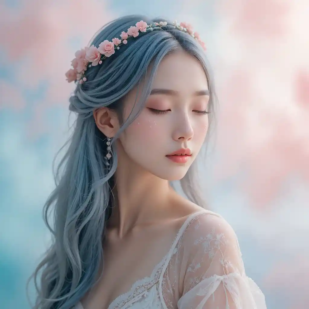 Dreamy portrait of a young woman with floral details