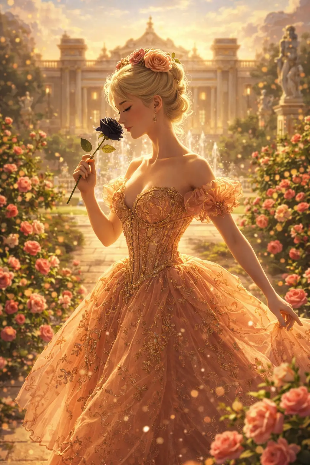 Elegante Anime-Adelige, die durch einen Rokoko-Rosengarten schreitet