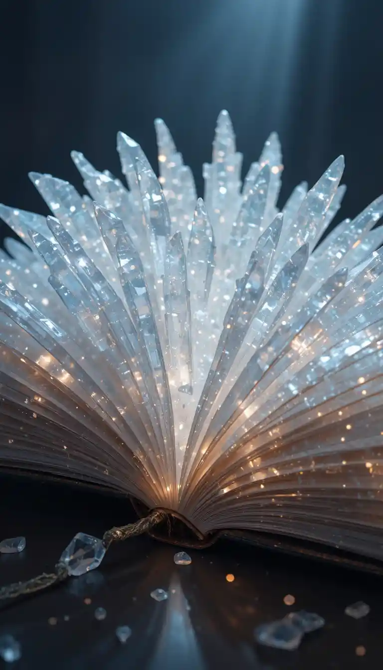 Libro di Cristallo Luminoso con Pagine di Gemme su Sfondo Scuro