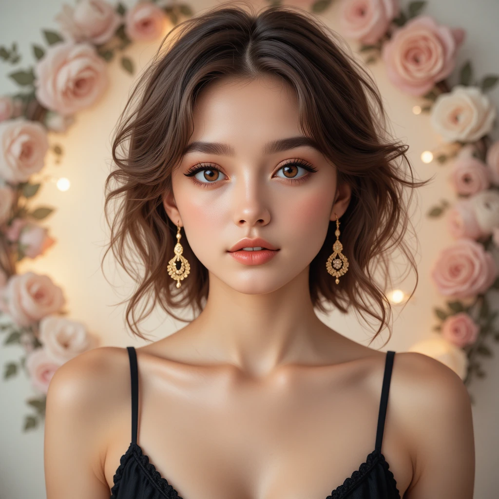 Young woman portrait with floral frame and soft light