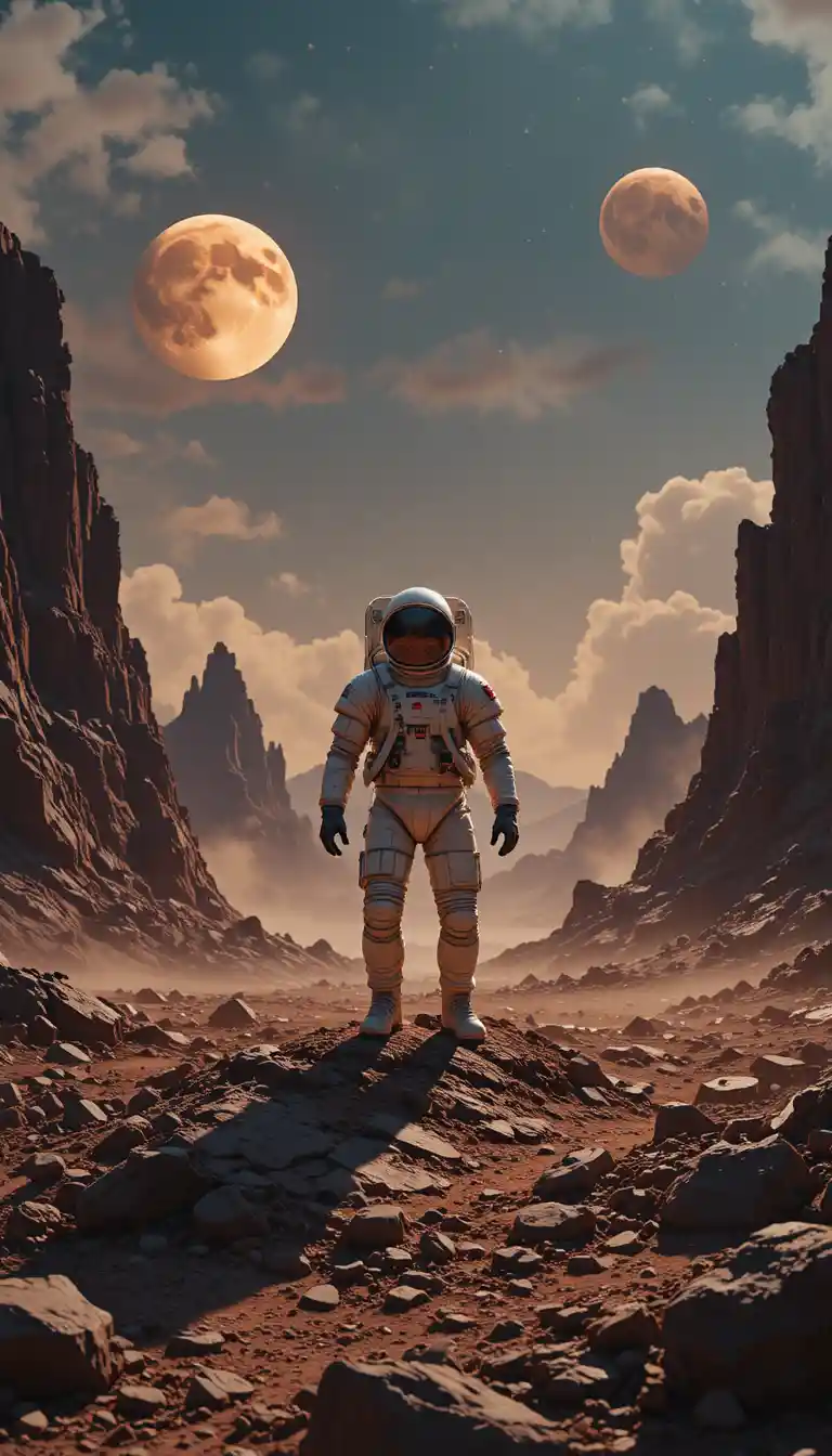 Astronauta su pianeta alieno sotto un cielo strano con lune