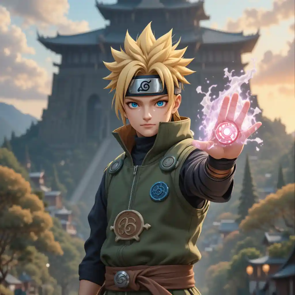 Jeune ninja d’anime canalisant de l’énergie devant le monument du village