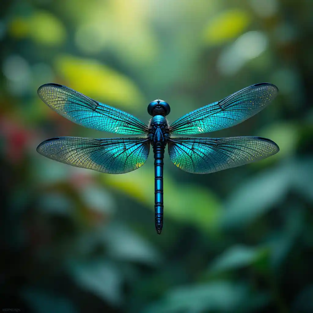 Libellule en macro planant au-dessus d’une jungle luxuriante et verdoyante