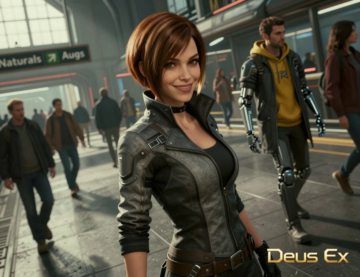 Cyborg woman in futuristic train station with commuters