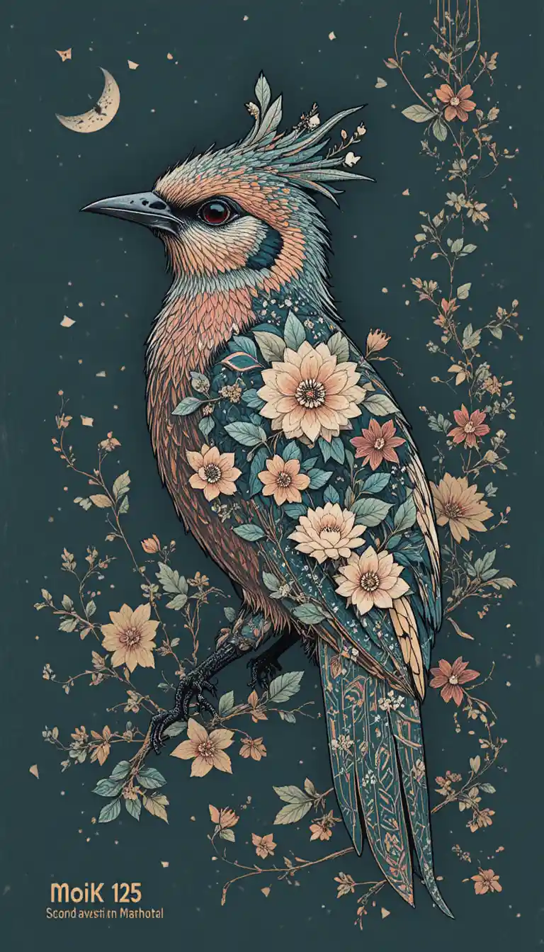 Ilustração de pássaro neotradicional com elegantes detalhes florais