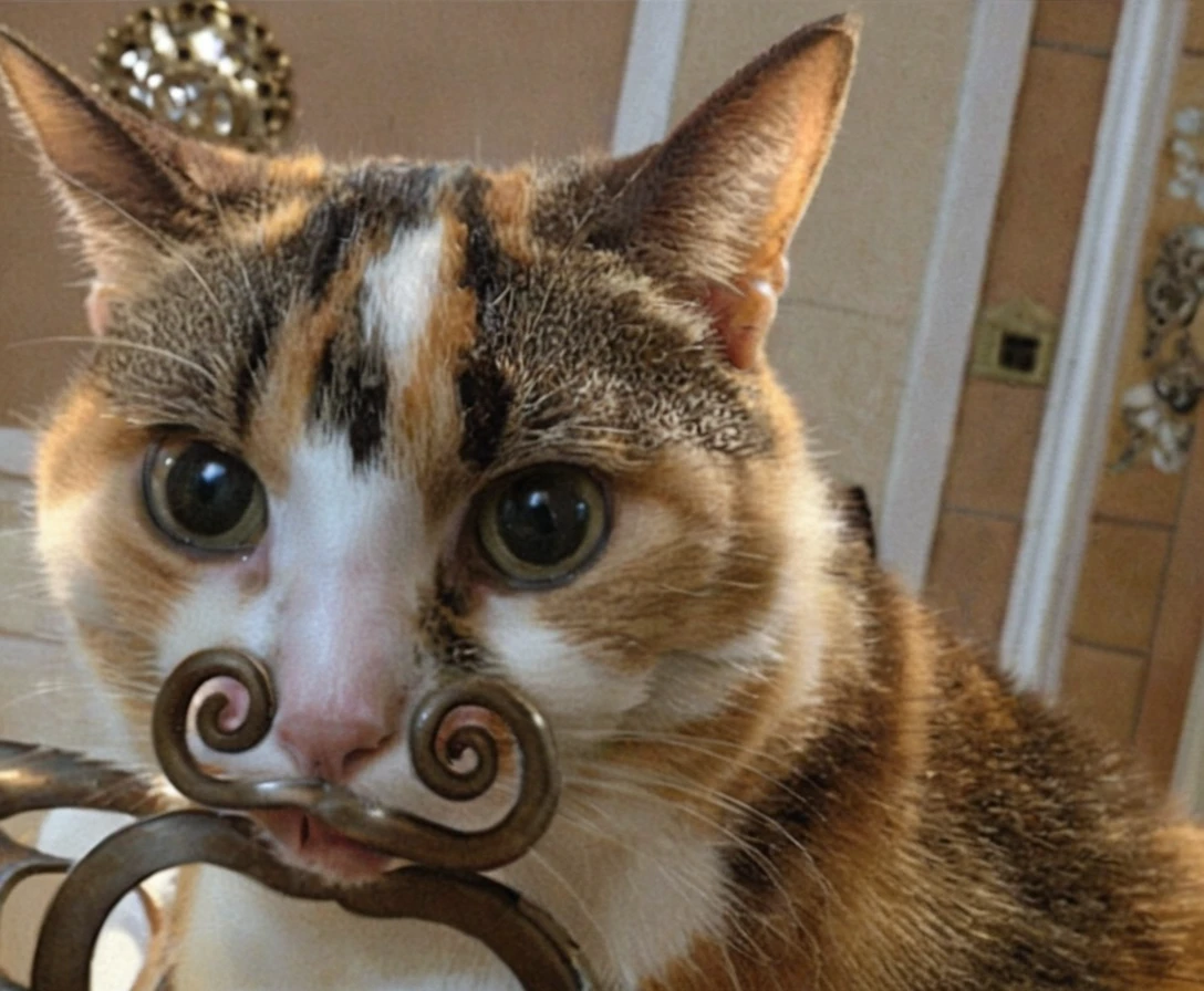 Gata malhada com ilusão de bigode de metal em close