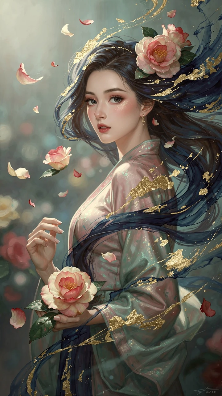 Oriental woman with camellia petals in dreamy abstract glow