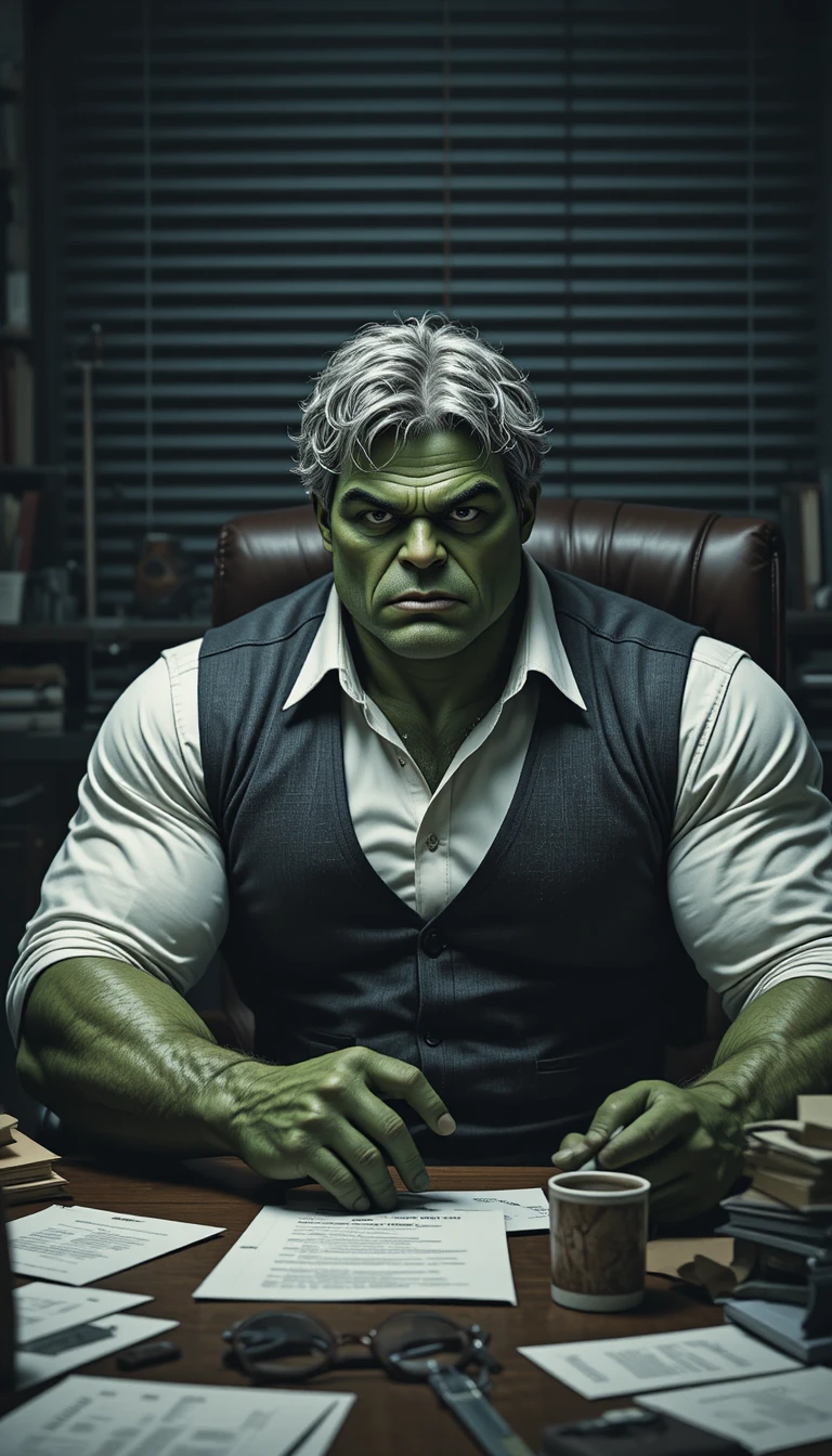 Serious green man at cluttered office desk at night
