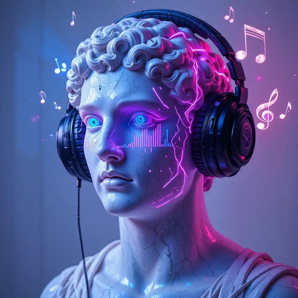 Busto in marmo con ologramma anime al neon e cuffie