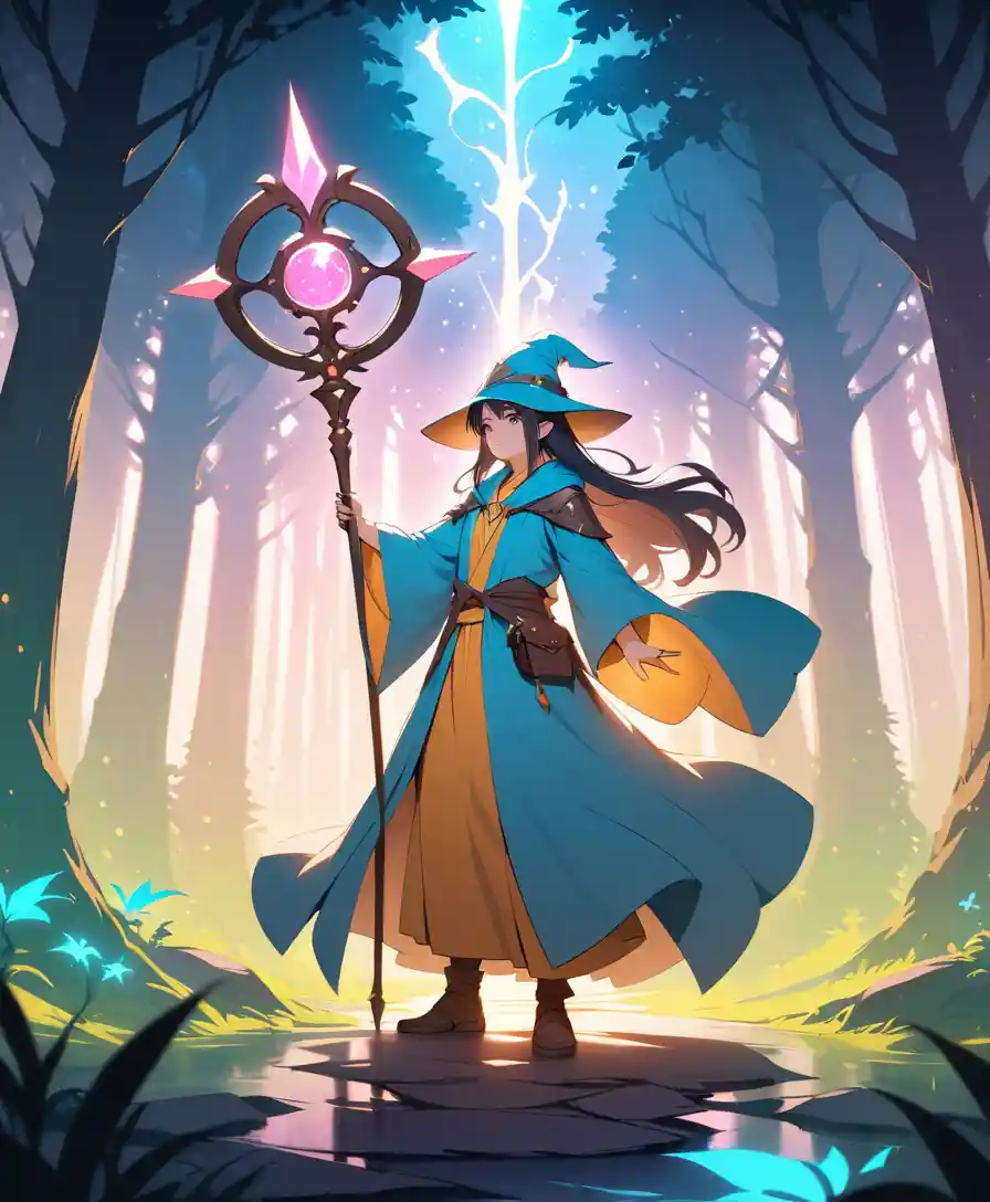 Mago de fantasia com cajado brilhante em floresta mística