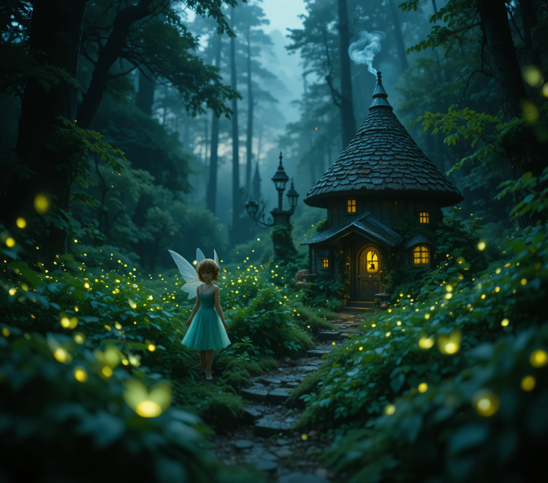 Mischievous fairy walking through a glowing twilight forest
