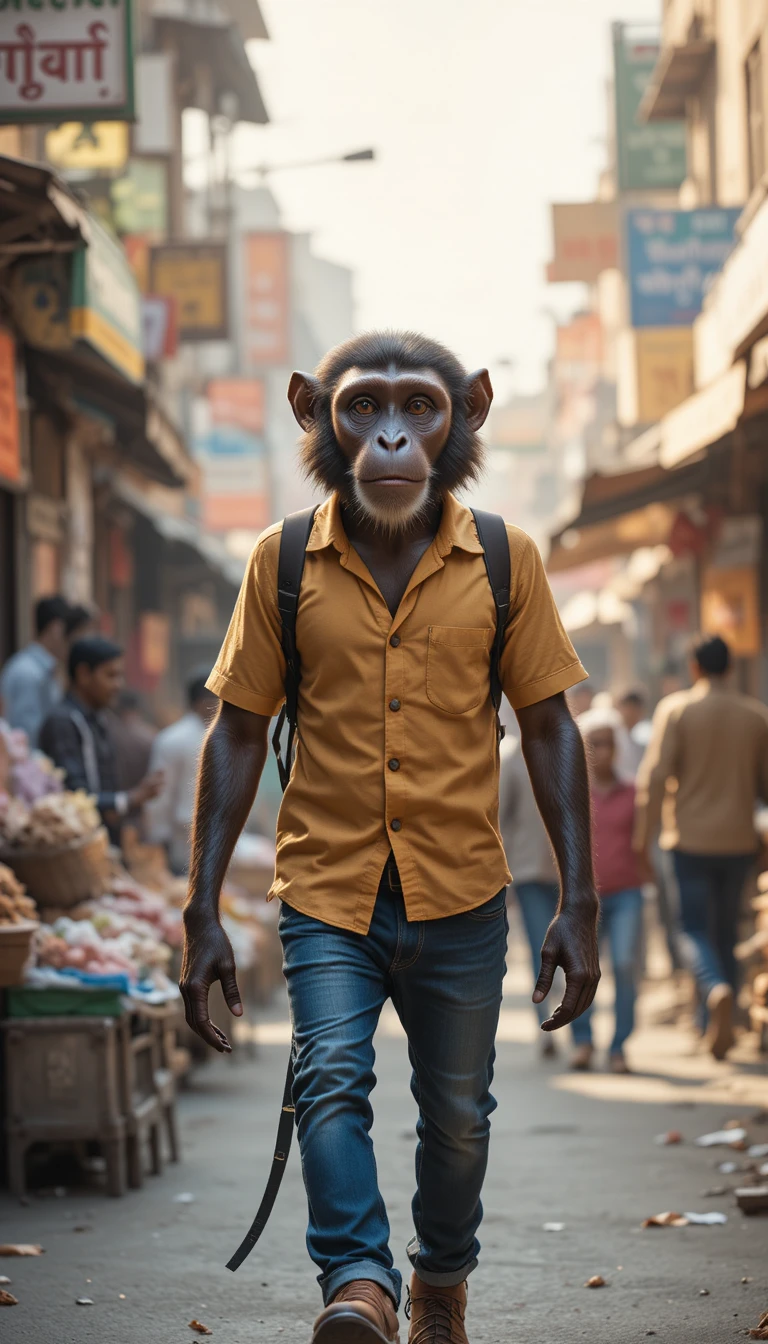 Macaco antropomórfico caminhando por mercado de rua indiano movimentado