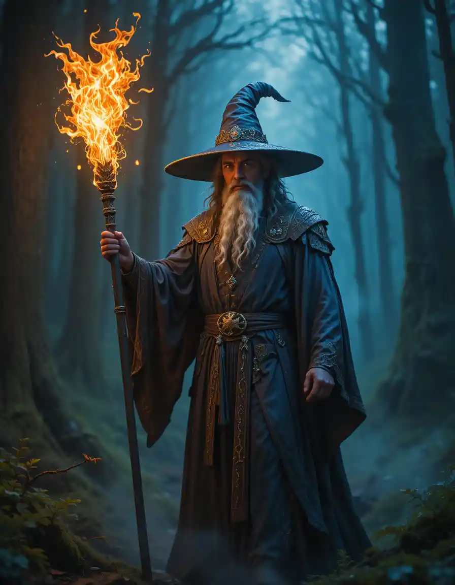 Mago de fantasia com cajado brilhante em floresta mística