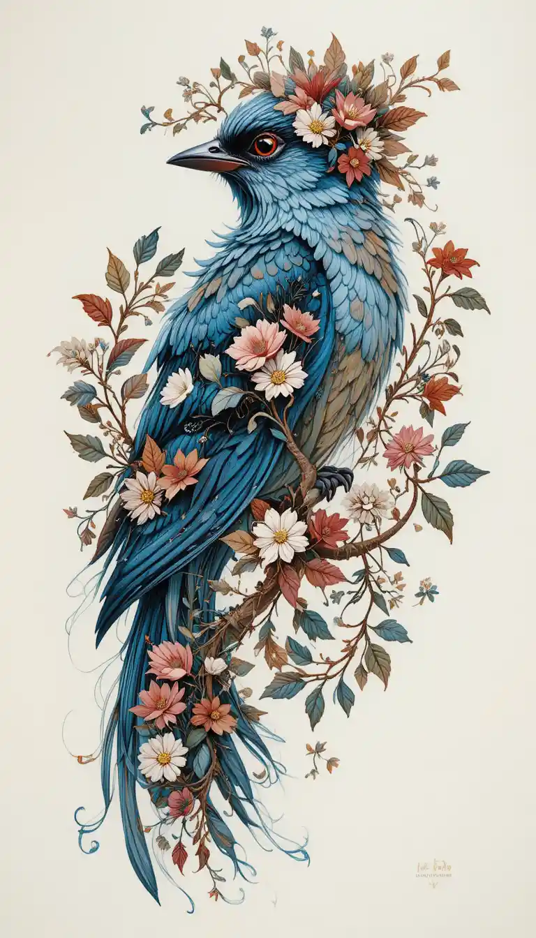 Ilustração neotradicional de pássaro com elementos florais decorativos