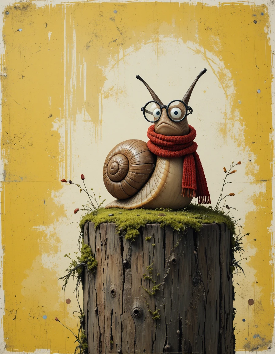 Whimsical snail with glasses on mossy wooden post
