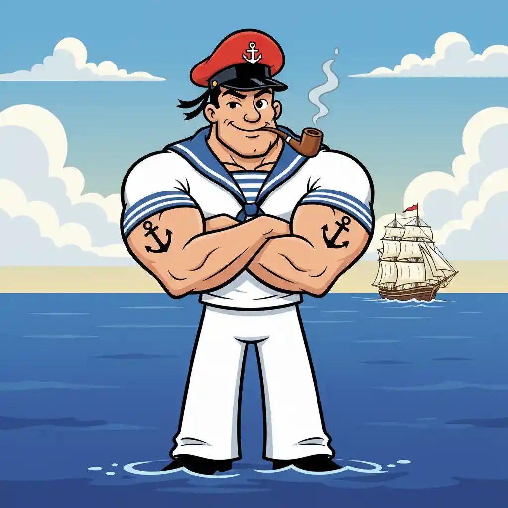 Marinheiro musculoso em estilo cartoon fumando cachimbo à beira do oceano azul