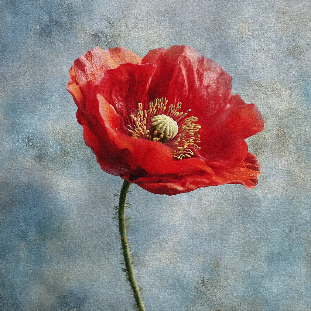 Rote Mohnblume in Aquarell auf texturiertem silbernen abstrakten Hintergrund