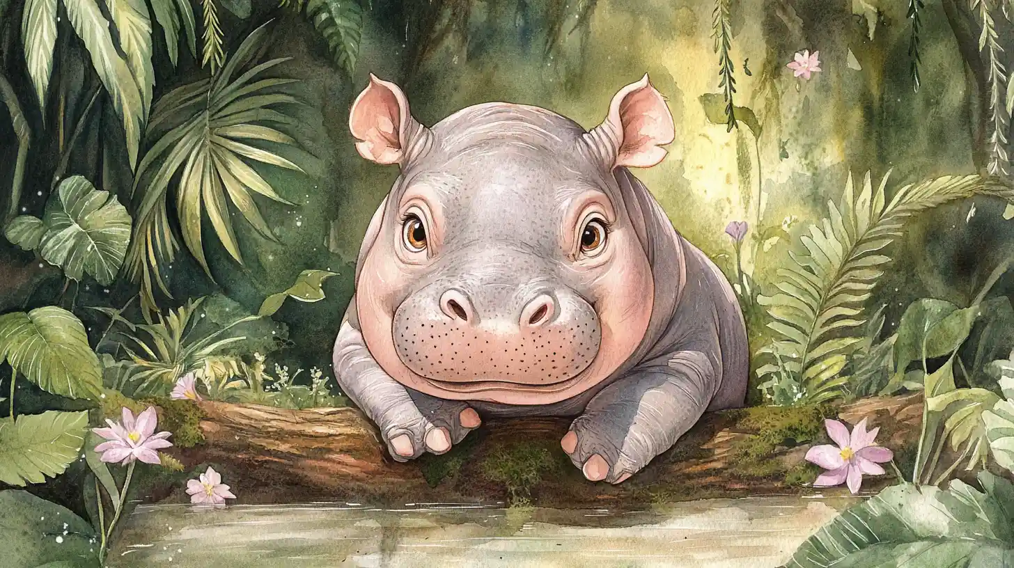 Tierna cría de hipopótamo sobre un tronco en la jungla en ilustración acuarela