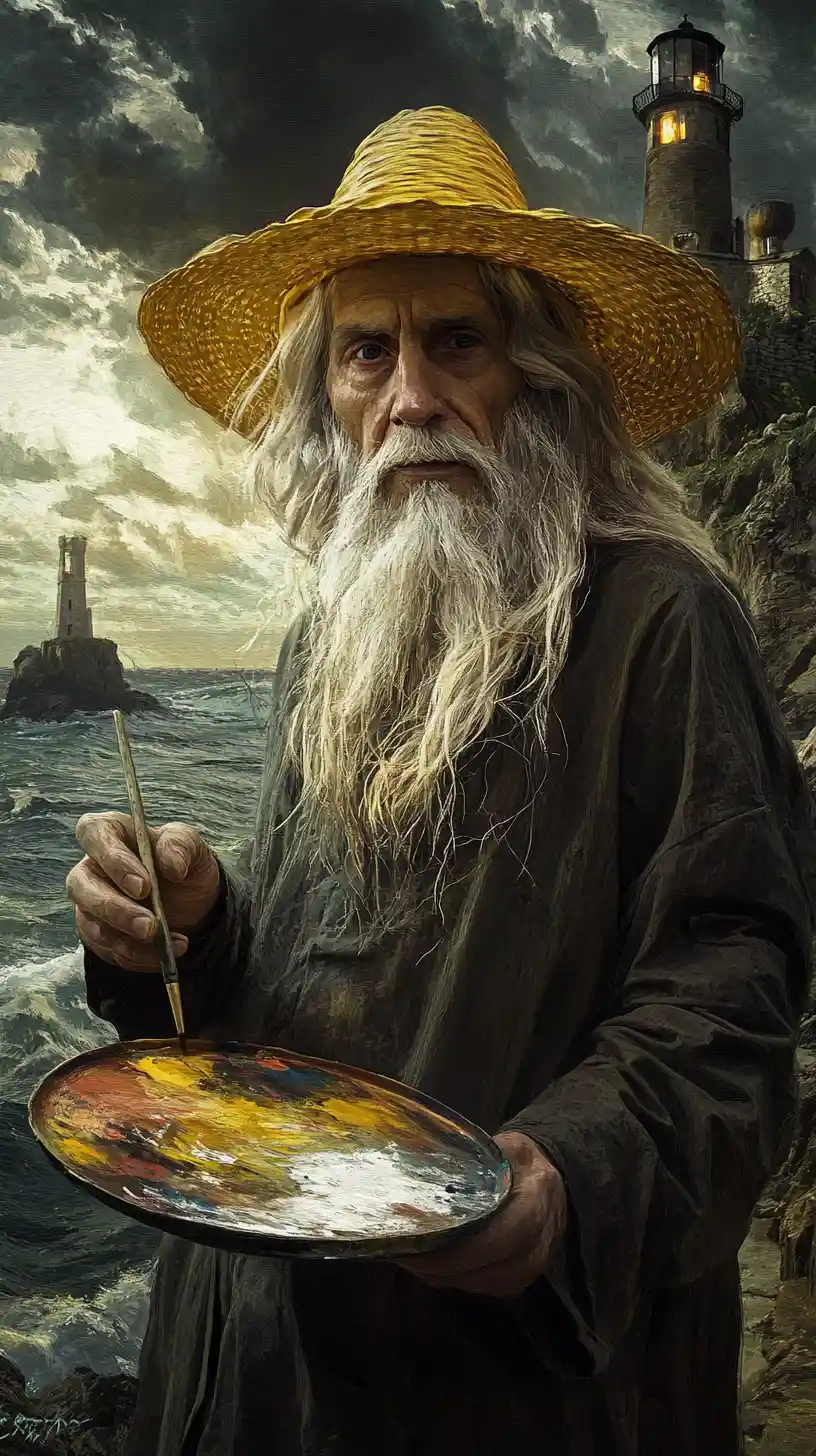 Vieux peintre avec chapeau de paille, pinceau et palette