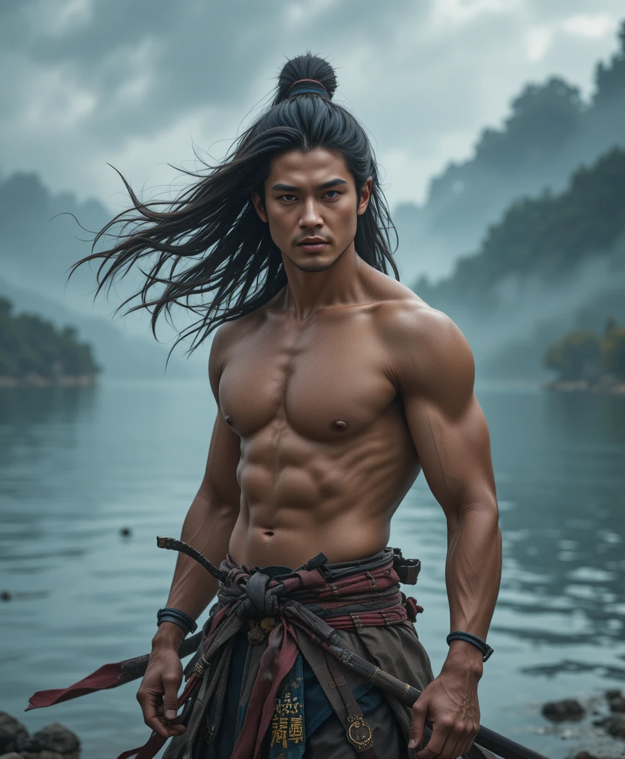 Samurai japonês musculoso à beira de um lago tranquilo coberto de névoa
