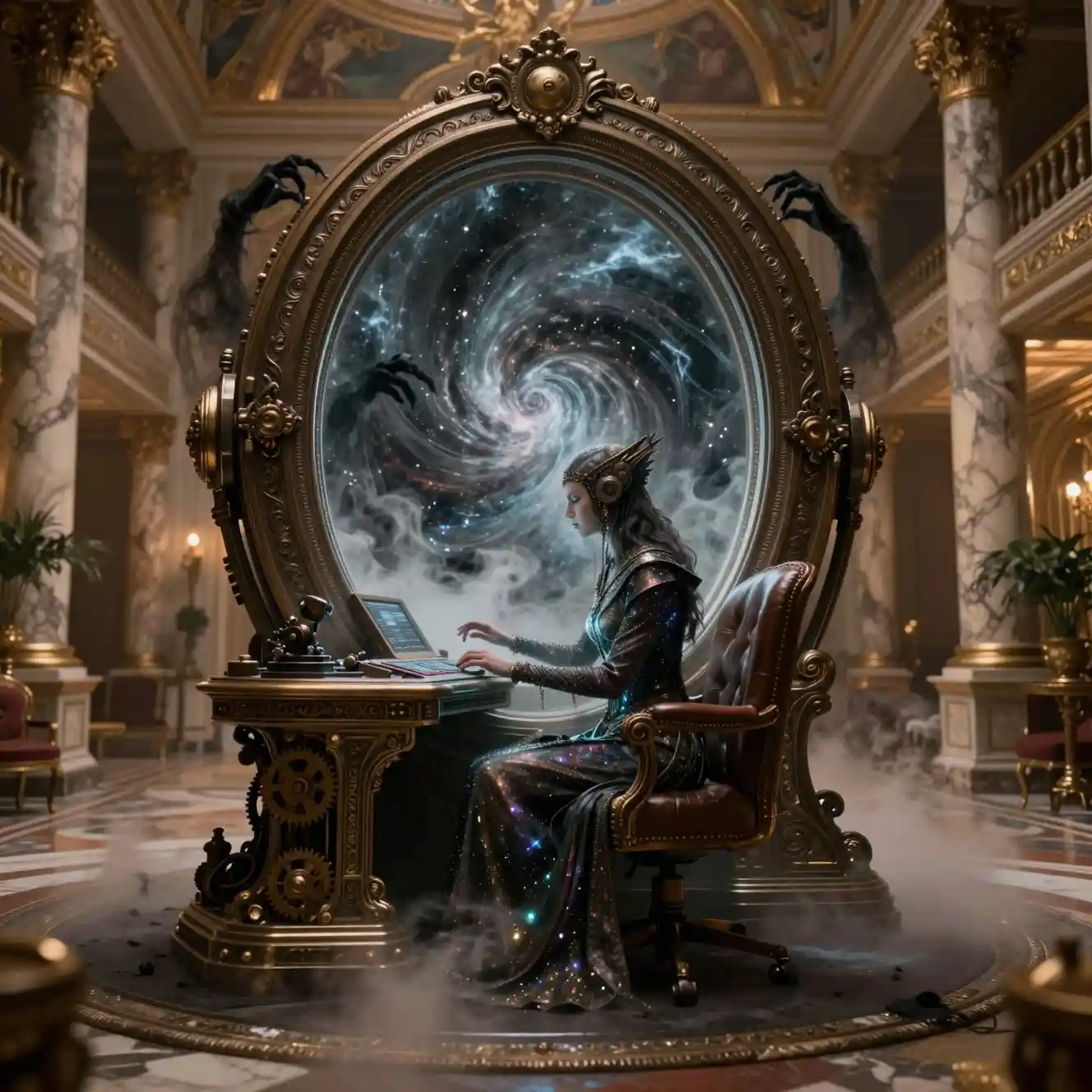 Portal de fantasia cinematográfica em um palácio clássico opulento