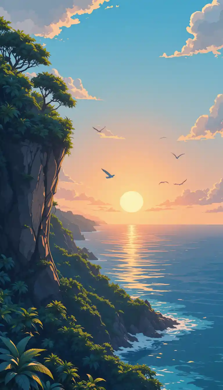 Floresta tropical em penhasco com vista para o vasto oceano ao pôr do sol