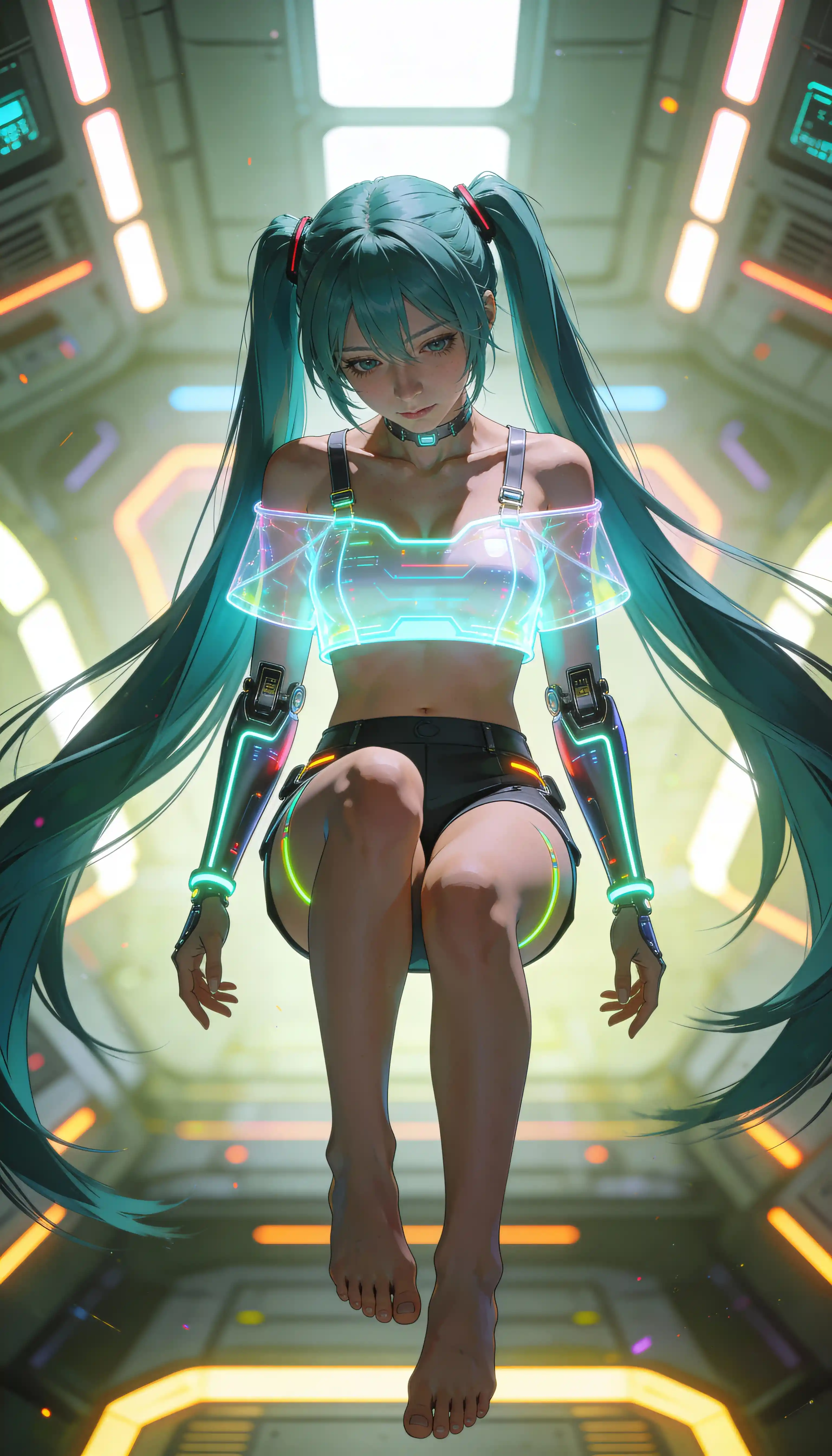 Futuristic anime woman floating in neon spacecraft interior