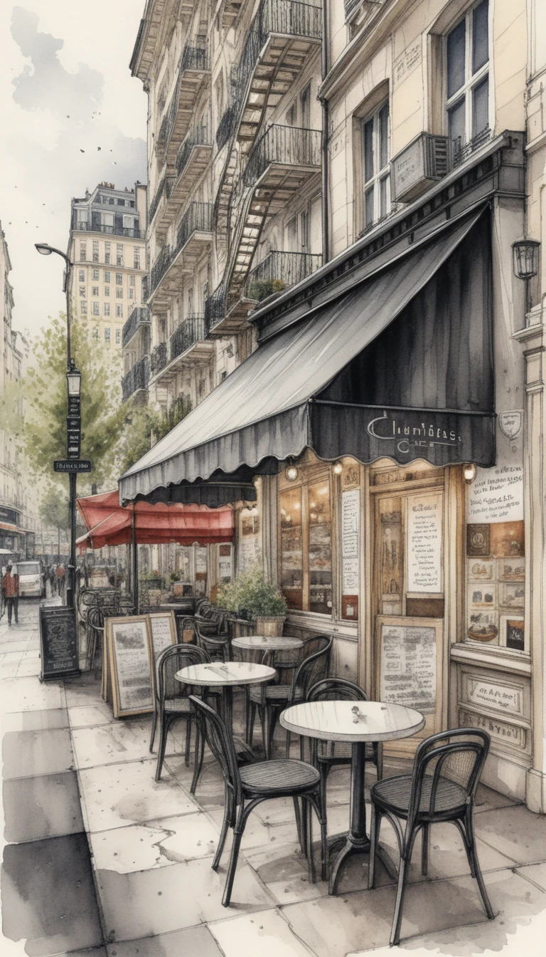 Rua de café em Paris com arquitetura em aquarela detalhada
