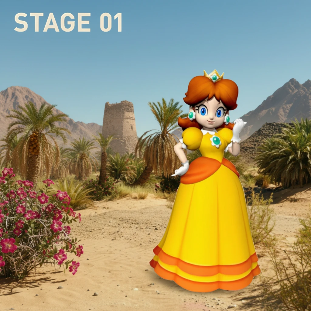 Princesse fantastique debout sur des dunes de sable près d’une tour ancienne