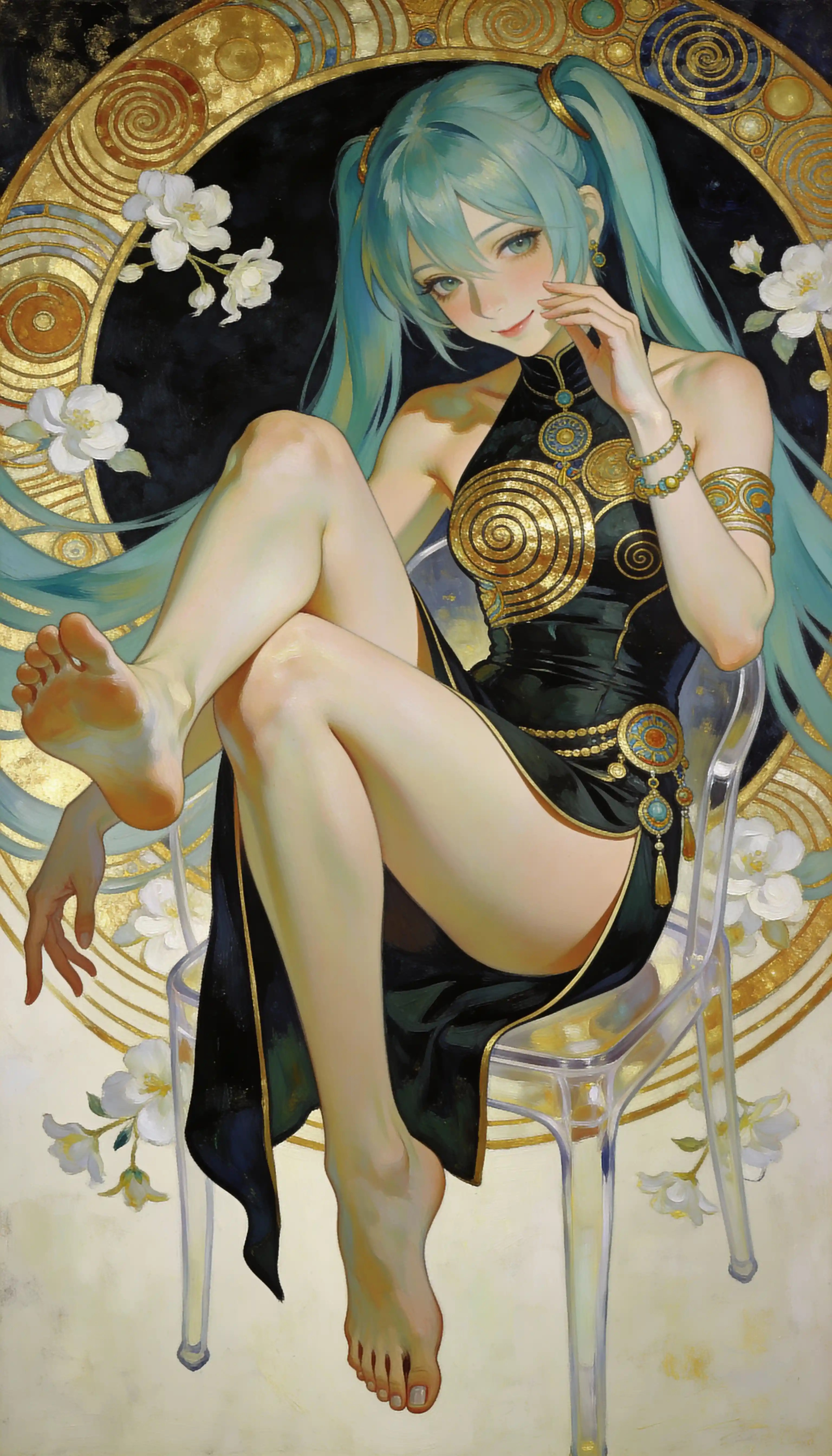 Mujer de anime flotando con elegante vestido oscuro y remolinos dorados