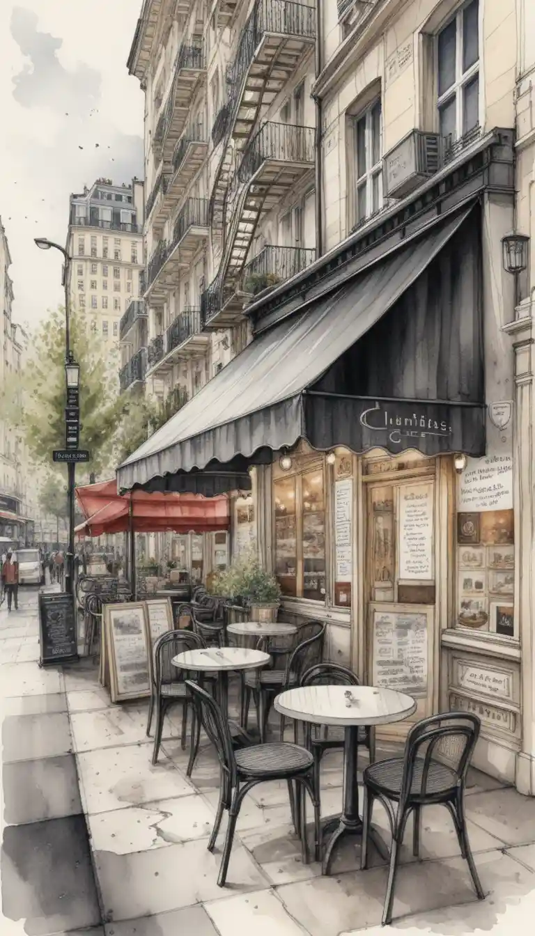 Rua de café em Paris com arquitetura em aquarela detalhada